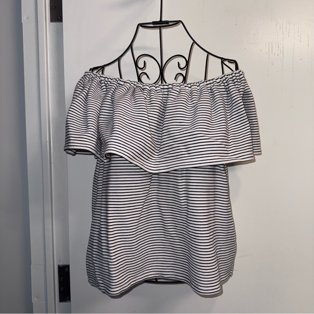 Seed Black and White Striped Off-Shoulder Ruffle Top